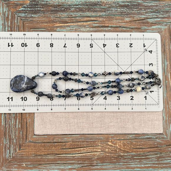 Sodalite Stone Pendant Crystal Beaded Double Strand Sterling Silver Necklace 11" - Picture 4 of 13